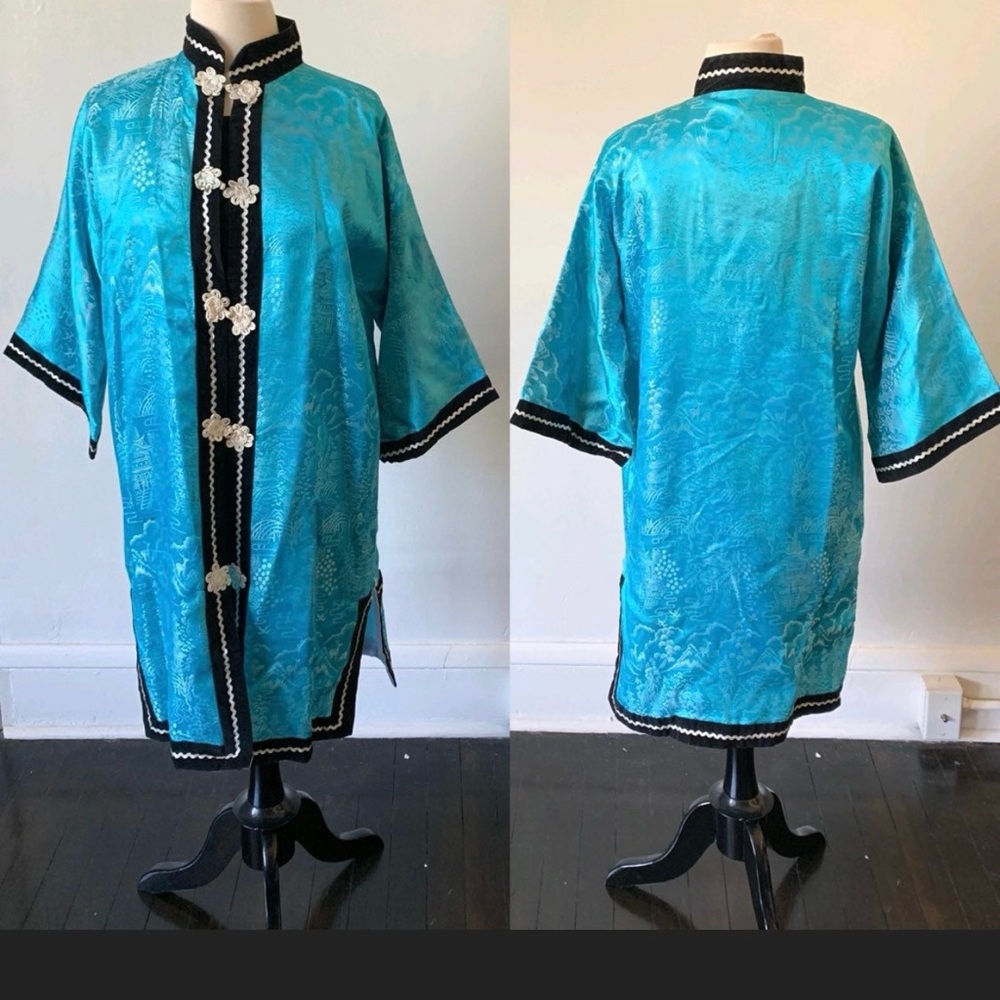 1960's Turquoise Bell Sleeve Kimono Robe Vintage Oriental Mid Century Mod Kimono
